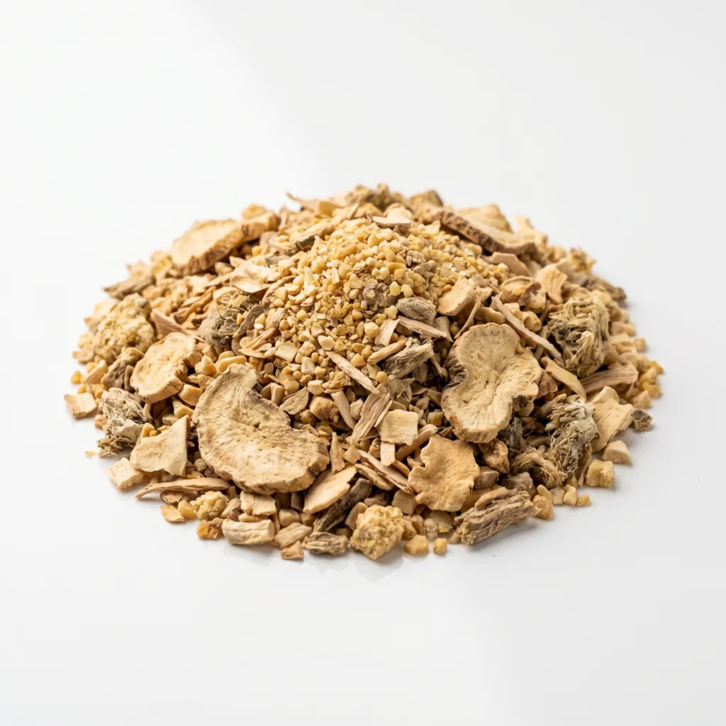 Dried maca root (Lepidium meyenii) slices and granules