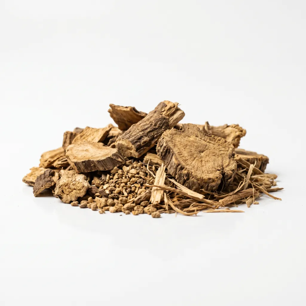 Dried Tongkat Ali root (Eurycoma longifolia), chopped and sliced